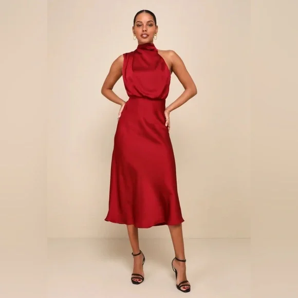 Lulus | Dresses | Lulus Distinctive Charm Burgundy Satin Asymmetrical Midi  Dress Size Small 2 4 | Poshmark